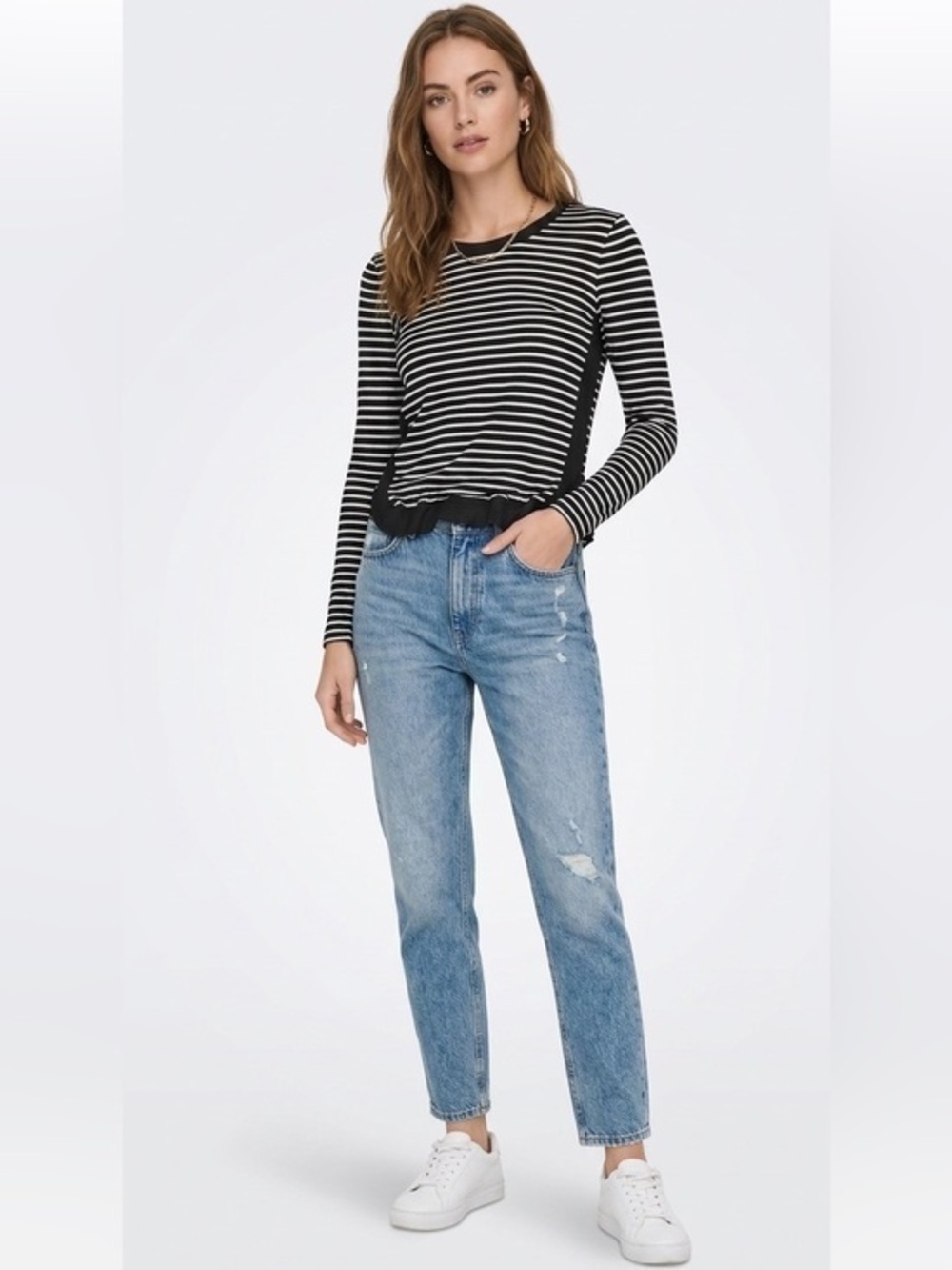 Zara Black & White Striped Long Sleeve Crewneck Thin Top Size Small